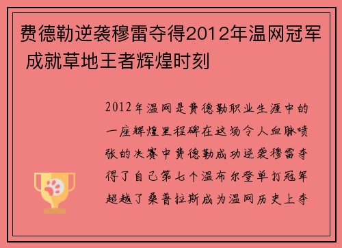 费德勒逆袭穆雷夺得2012年温网冠军 成就草地王者辉煌时刻 费德勒逆袭穆雷夺得2012年温网冠军 成就草地王者辉煌时刻